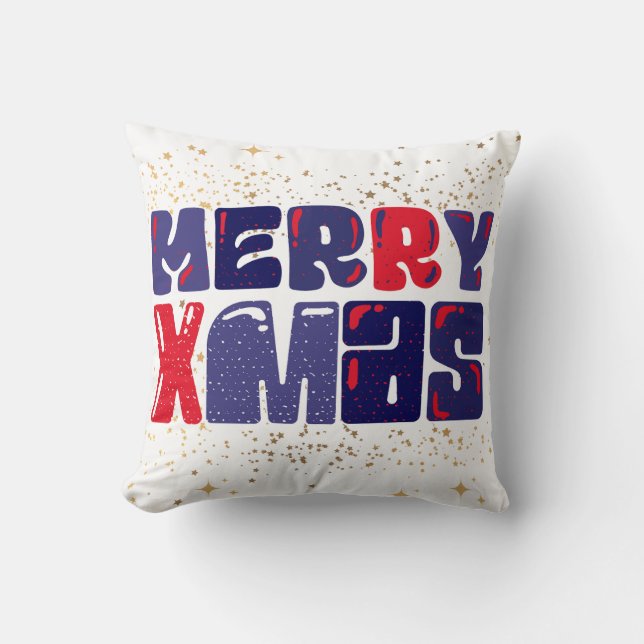 Merry Xmas Cute Red Blue Gold Throw Pillow (Front)