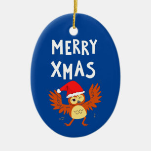 Merry Xmas Dancing Owl Ceramic Ornament