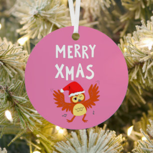 Merry Xmas Dancing Owl Metal Ornament