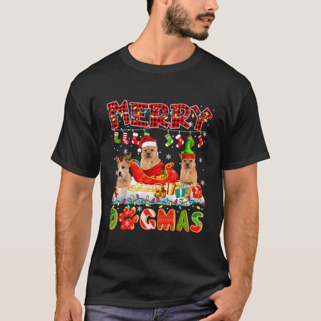 Merry Xmas Dog Three Santa Reindeer Elf Norwich Te T-Shirt (Front)