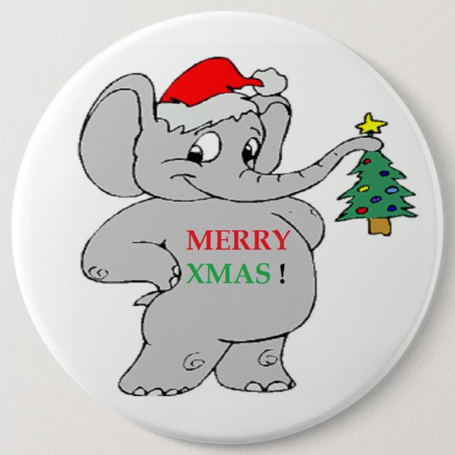 "MERRY XMAS" ELEPHANT 6 INCH ROUND BUTTON (Front)