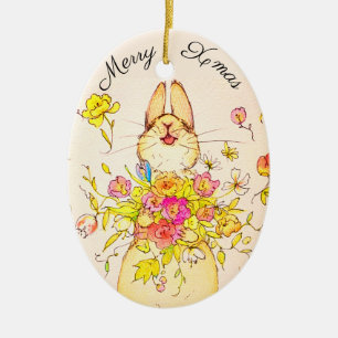 Merry Xmas flower&rabbit Ceramic Ornament