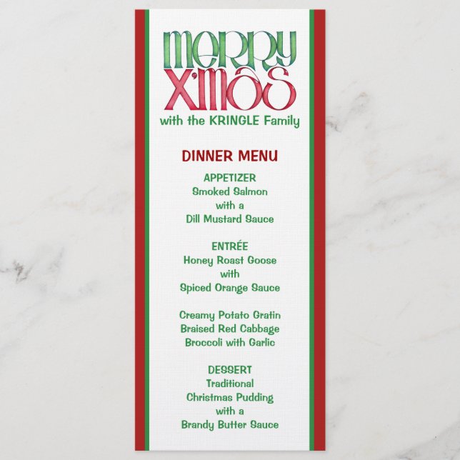 Merry X'mas green Christmas Dinner Menu (Front)