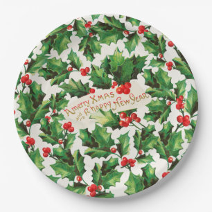 Merry Xmas & Happy New Year Holly Paper Plate