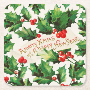 Merry Xmas & Happy New Year Holly Square Paper Coaster
