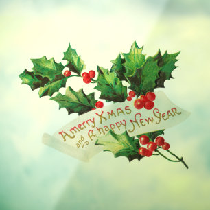Merry Xmas & Happy New Year Holly Window Cling