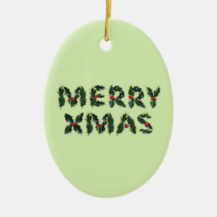 Merry Xmas Holly Ceramic Ornament