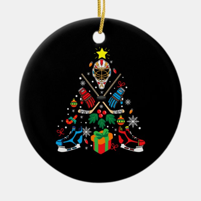 Merry Xmas Ice Hockey Christmas Tree Ceramic Ornament (Front)
