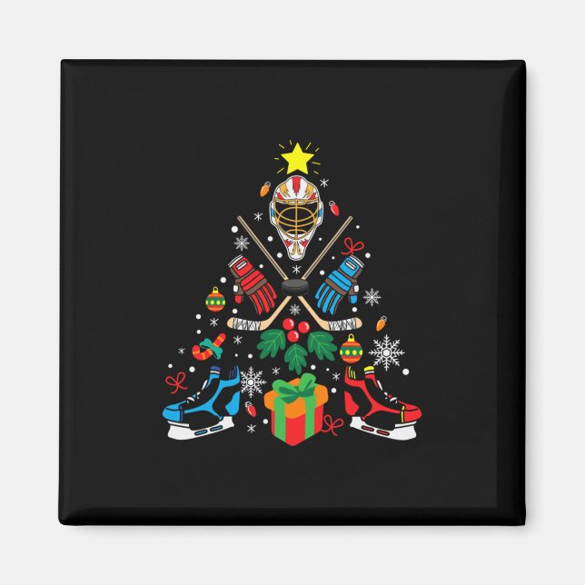 Merry Xmas Ice Hockey Christmas Tree Magnet (Front)