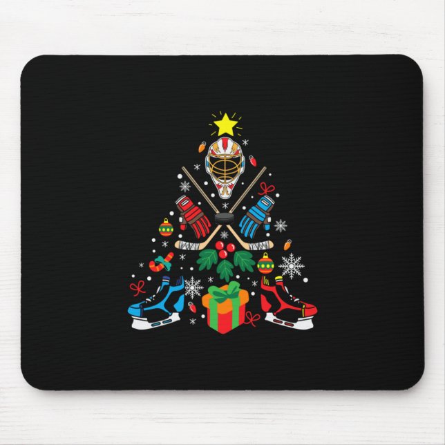 Merry Xmas Ice Hockey Christmas Tree Mouse Pad (Front)