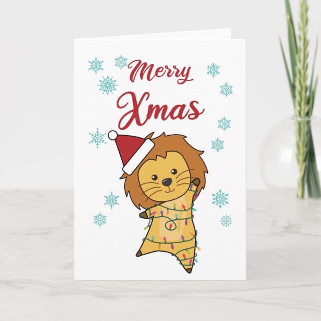 Merry Xmas Lion Snow Big Cat Fairy Lights Card (Front)