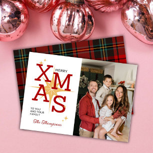 Merry xmas modern 1 family photo cute red plaid holiday card