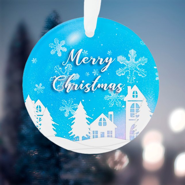 Merry Xmas  New Year 2023 Blue White House Snow  Ornament (Creator Uploaded)