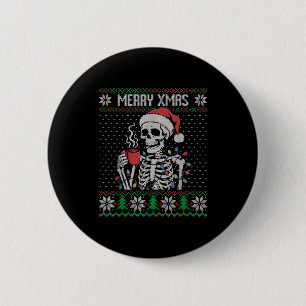 Merry Xmas Skeleton Ugly Sweater, Skull Wearing Sa 2 Inch Round Button