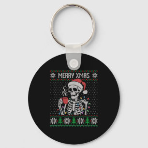 Merry Xmas Skeleton Ugly Sweater, Skull Wearing Sa Keychain