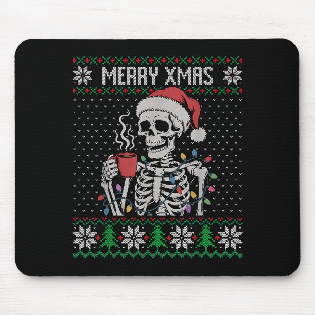 Merry Xmas Skeleton Ugly Sweater, Skull Wearing Sa Mouse Pad (Front)