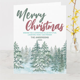 Merry xmas Snow forest Modern red green greeting Card