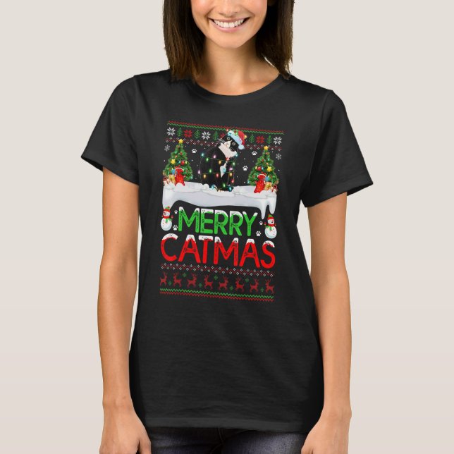 Merry Xmas Tree Lights Santa Ugly Black Cat Christ T-Shirt (Front)