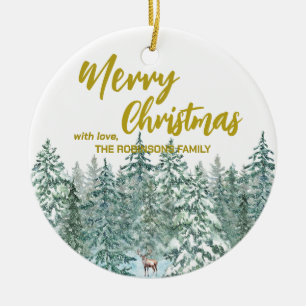 Merry xmas trees forest Modern Gold script Holiday Ceramic Ornament