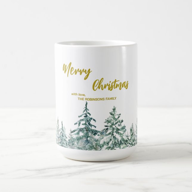 Merry xmas trees forest Modern Gold script Holiday Coffee Mug (Center)