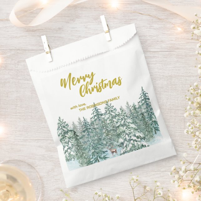 Merry xmas trees forest Modern Gold script Holiday Favour Bag (Clipped)