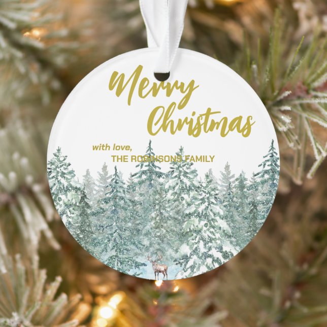 Merry xmas trees forest Modern Gold script Holiday Ornament (Tree)