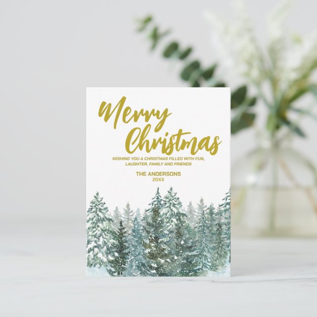 Merry xmas trees forest Modern Gold script Holiday Postcard (Standing Front)