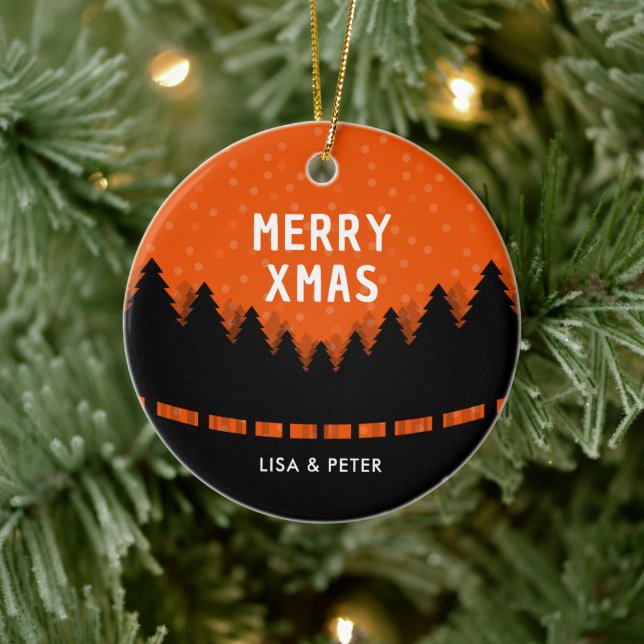 Merry Xmas with retro forest  Ceramic Ornament (Tree)