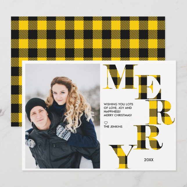 Merry | Yellow Buffalo Plaid Photo Holiday Invitation (Front/Back)