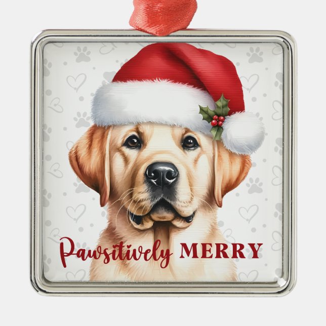 Merry Yellow Labrador Retriever Dog Christmas Metal Ornament (Front)
