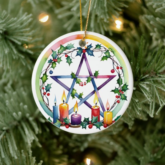Merry Yule Festive Pentacle Winter Wiccan Holiday Ceramic Ornament (Tree)