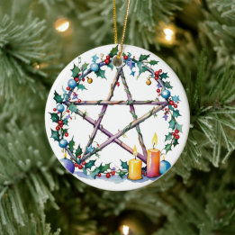 Merry Yule Festive Pentacle Winter Wiccan Holiday Ceramic Ornament