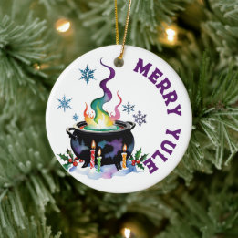 Merry Yule Festive Witches Cauldron Wiccan Holiday Ceramic Ornament
