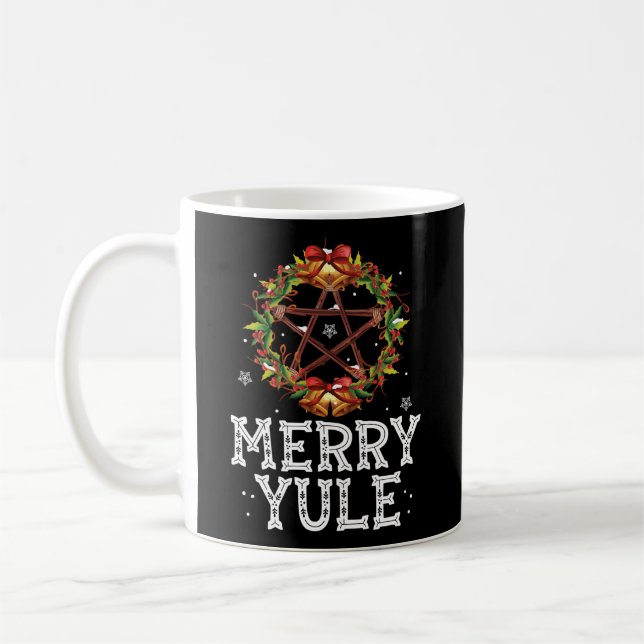 Merry Yule Winter Solstice Holly Pentagram Coffee Mug (Left)