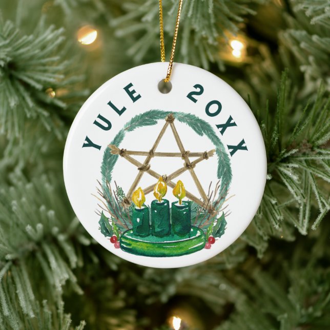 Merry Yule Winter Solstice Wiccan Festive Pentacle Ceramic Ornament (Tree)