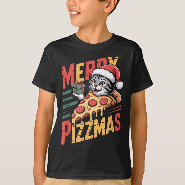 Merry Zzmas Christmas Cat Funny Zza Lover Xmas Cat T-Shirt (Front)