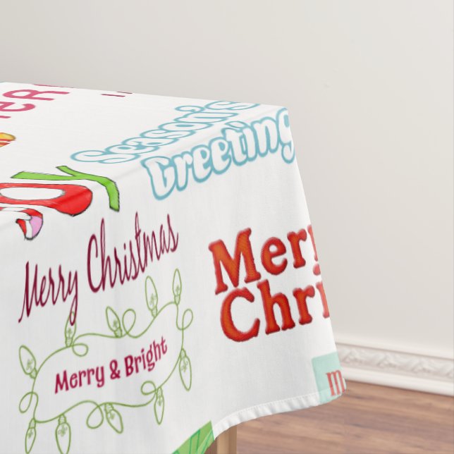 MerryChristmas Tablecloth, Seasons Greetings White Tablecloth (In Situ)