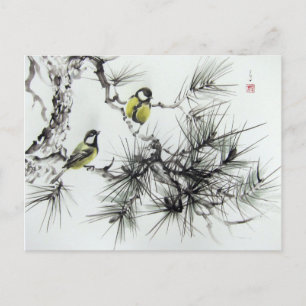 Mésanges aquarelle chinoise postcard
