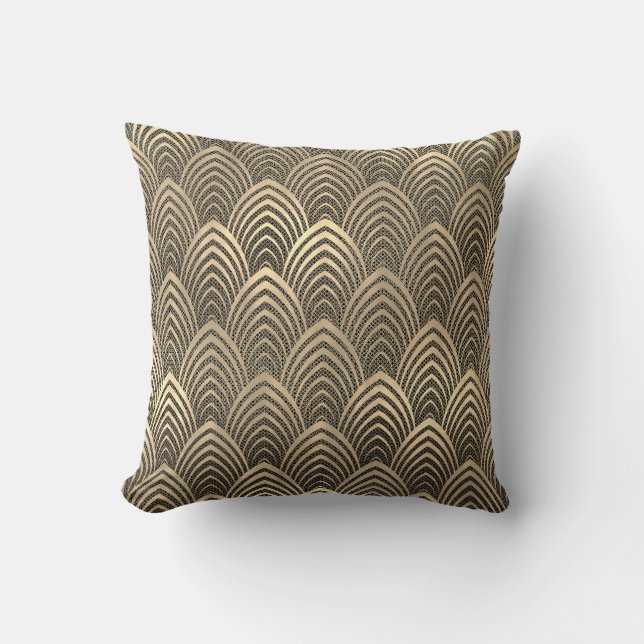 Mesh Sepia Gold Black Art Deco Seashells Scales Throw Pillow (Front)
