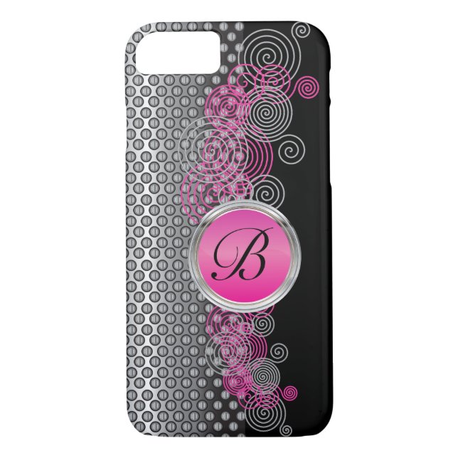Mesh Steel with Circular Silver and Pink on Black Case-Mate iPhone Case (Back)