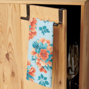 Mesmerizing Blue and Orange Floral Illustration Kitchen Towel