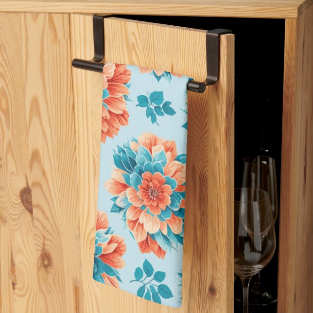 Mesmerizing Blue and Orange Floral Illustration Kitchen Towel (Thirds Fold)