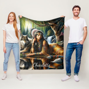 Mesmerizing Indian woman with loyal wolf Fleece Blanket