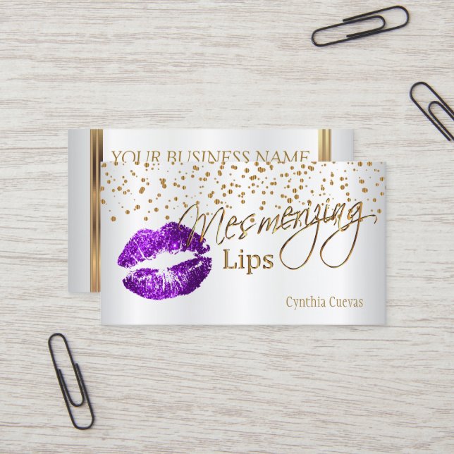 Mesmerizing Lips  Gold Confetti & Purple Lips Business Card (Front/Back In Situ)