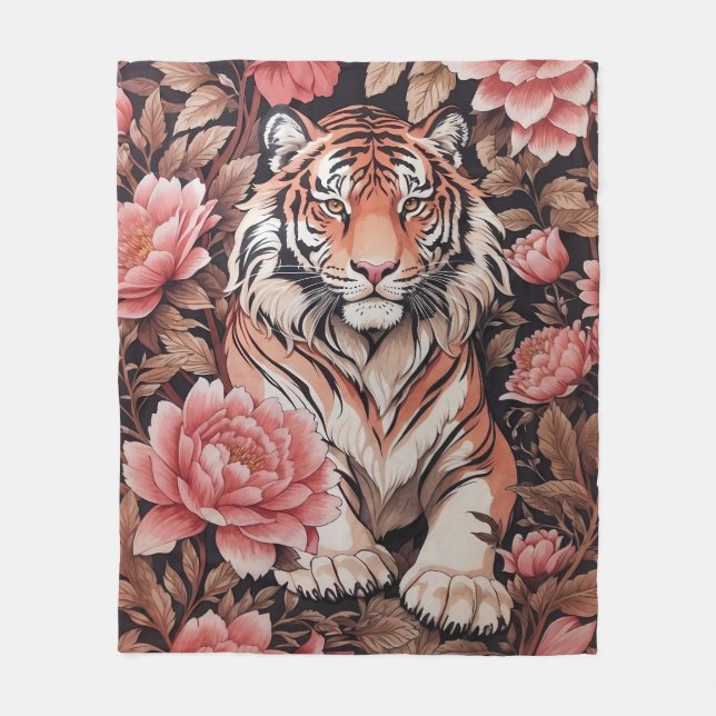 Mesmerizing Tiger Pink Flowers Fleece Blanket (Front)