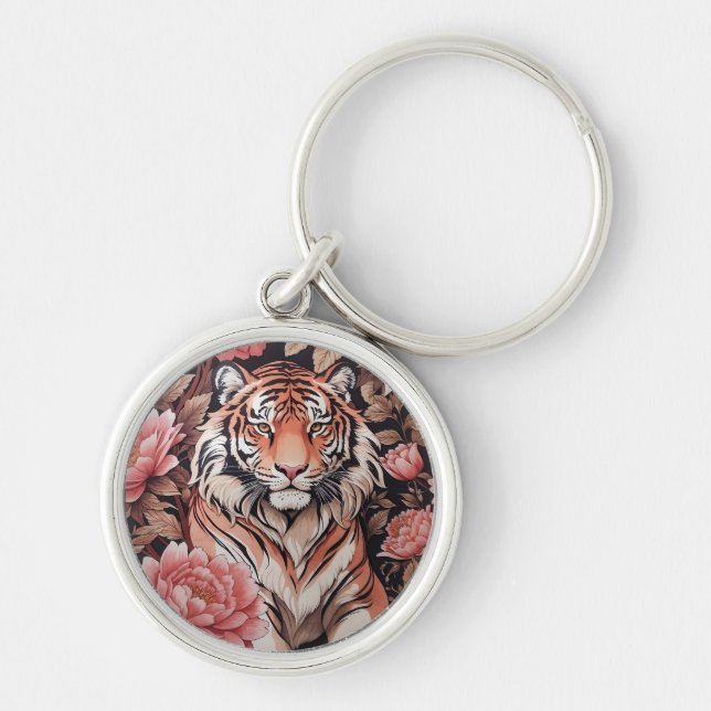 Mesmerizing Tiger Pink Flowers Keychain (Front)