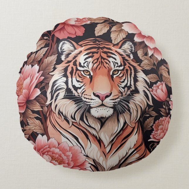 Mesmerizing Tiger Pink Flowers Round Pillow (Front)