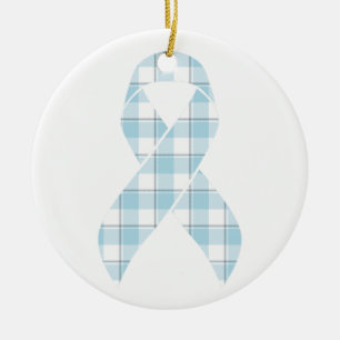 Mesothelioma Awareness Plaid Light Blue Ribbon Ceramic Ornament