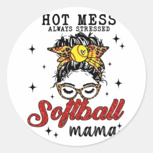 Mess Always Stressed Softball Mama Classic Round Sticker