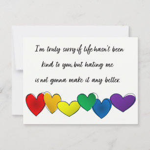 Message against hate with rainbow hearts postcard